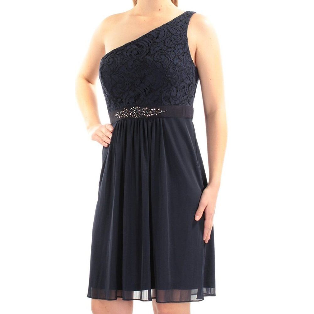 $159 Adrianna Papell Black Lace One Shoulder Fit & Flare Dress 14 NWT